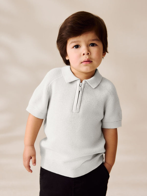 Grey 100% Cotton Knitted Zip Neck Polo Shirt (3mths-7yrs)
