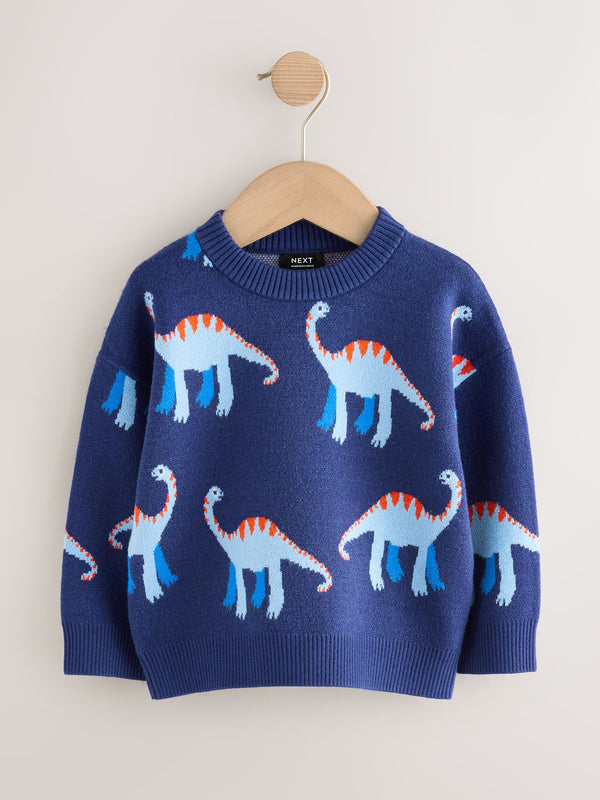 Blue Dinosaur Knitted Crew Neck Jumper (3mths-7yrs)