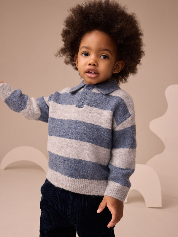 Blue Stripe Knitted Rugby Polo Shirt (3mths-7yrs)