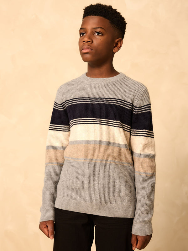 Grey Colourblock Stripe Crew Neck Knitted Jumper (3-16yrs)