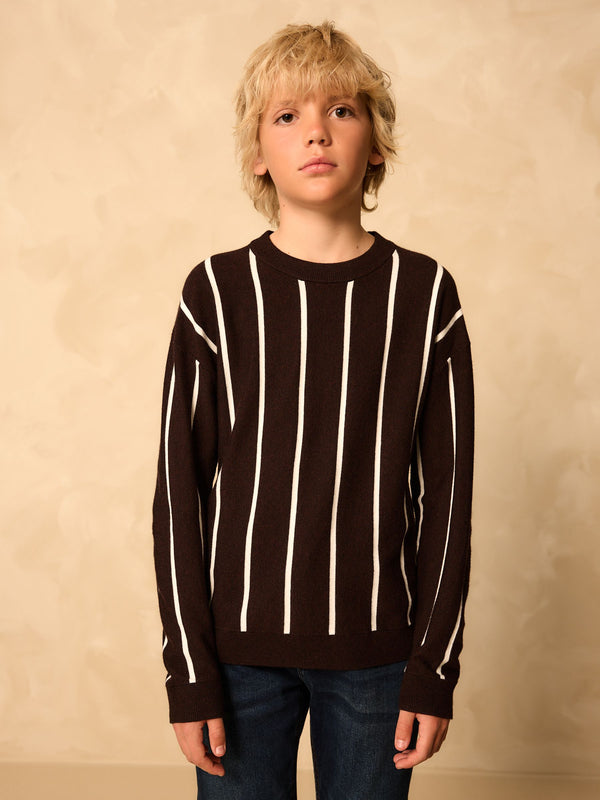 Brown Vertical Stripe Crew Neck Jumper (3-16yrs)
