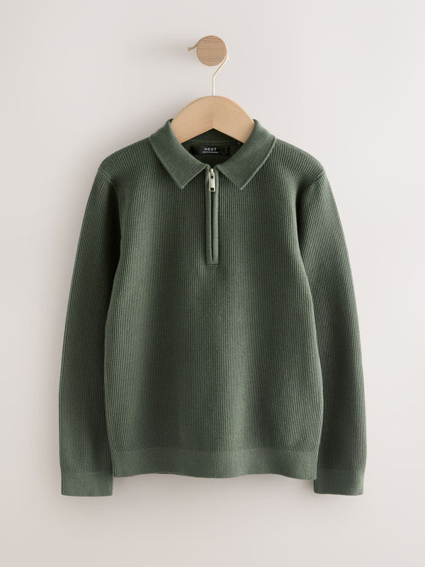 Green Long Sleeve Zip Neck Knitted Polo Shirt (3-16yrs)