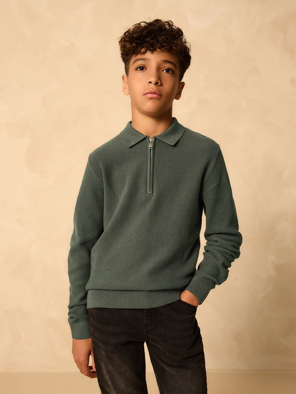 Green Long Sleeve Zip Neck Knitted Polo Shirt (3-16yrs)