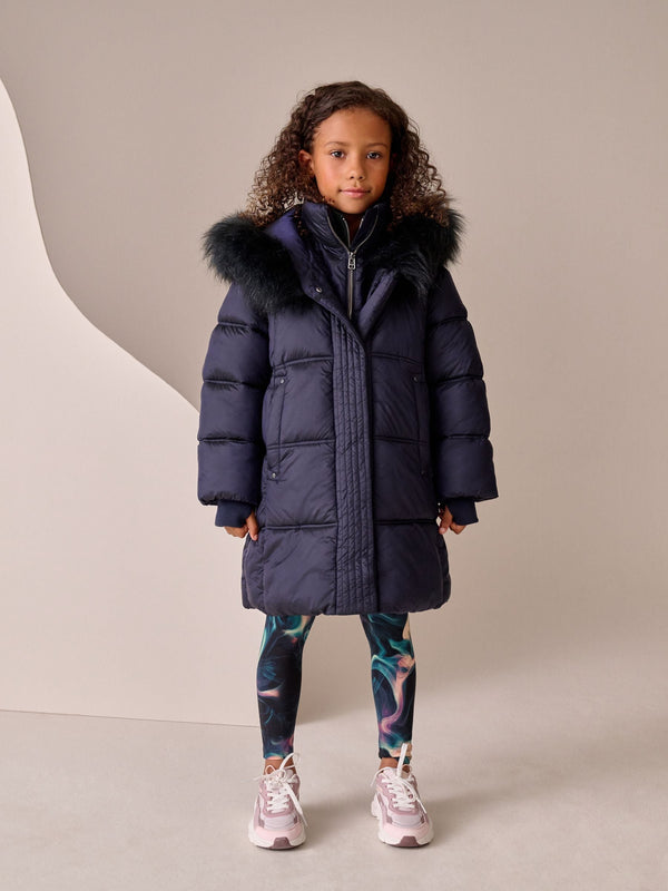 Navy Shower Resistant Fur Trim Padded Coat (3-16yrs)