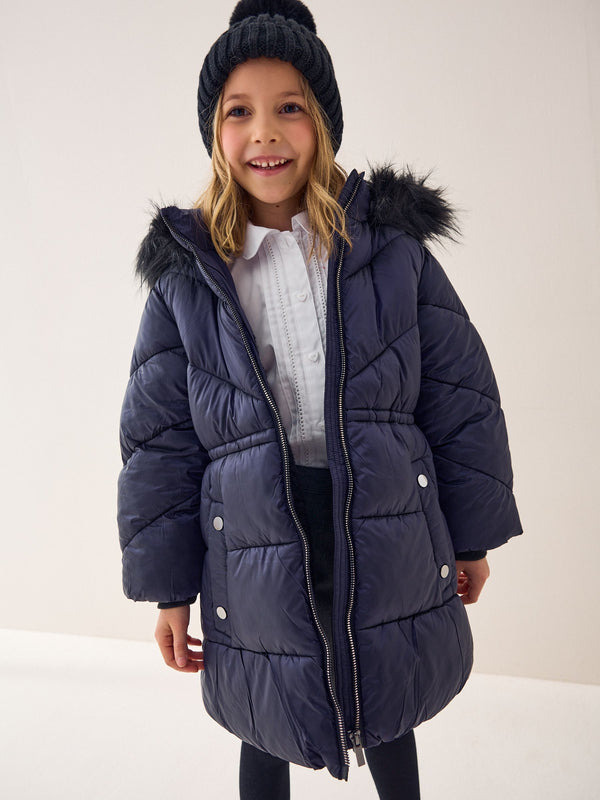 Navy Shower Resistant Faux Fur Trim Padded Coat (3-16yrs)