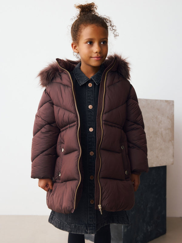 Chocolate Brown Shower Resistant Faux Fur Trim Padded Coat (3-16yrs)