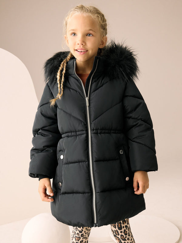 Black Shower Resistant Faux Fur Trim Padded Coat (3-16yrs)