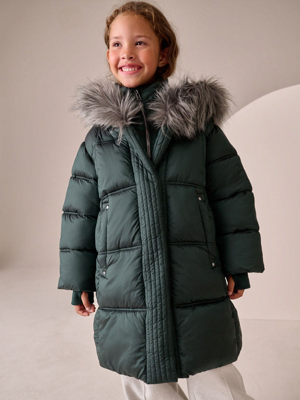Green Shower Resistant Fur Trim Padded Coat (3-16yrs)