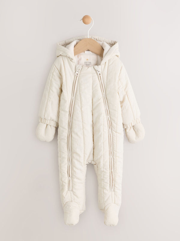 Ecru Little One Back Slogan Quilted Nylon Slogan Pramsuit