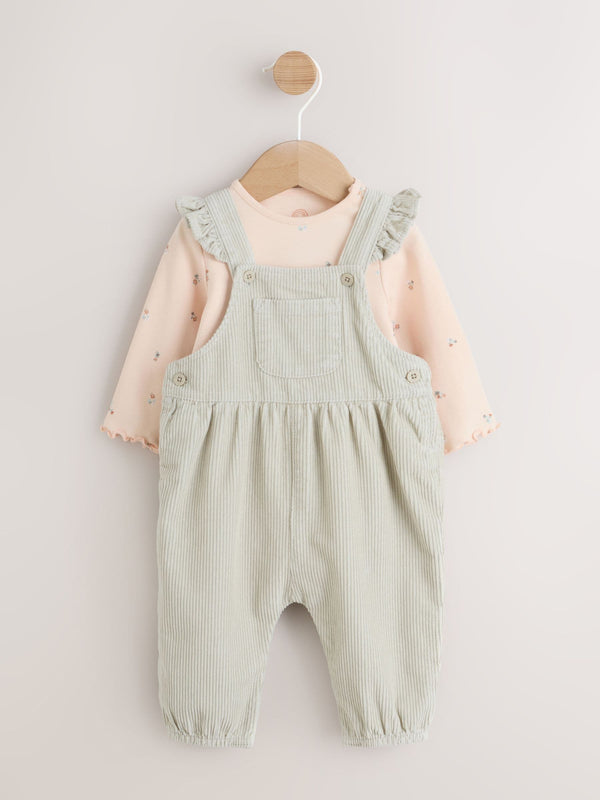 Sage Green Baby Print Long Sleeve Bodysuit and Cord Dungarees 2 Piece Set (0mths-2yrs)