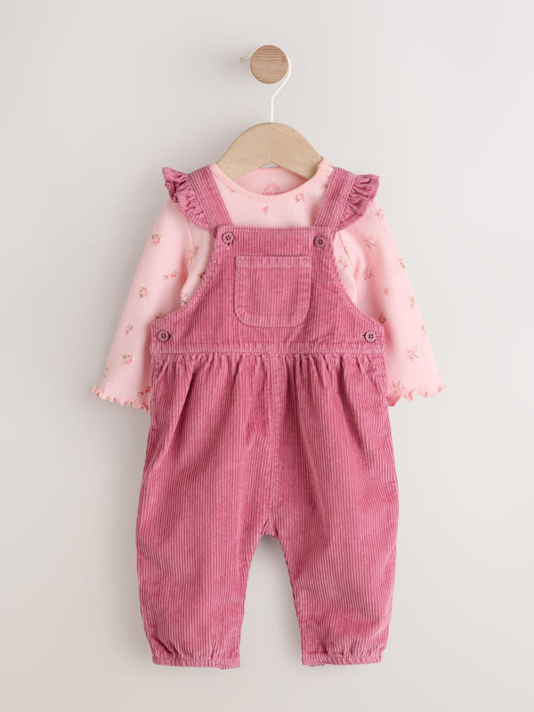 Pink Ditsy Baby Print Long Sleeve Bodysuit and Cord Dungarees 2 Piece Set (0mths-2yrs)