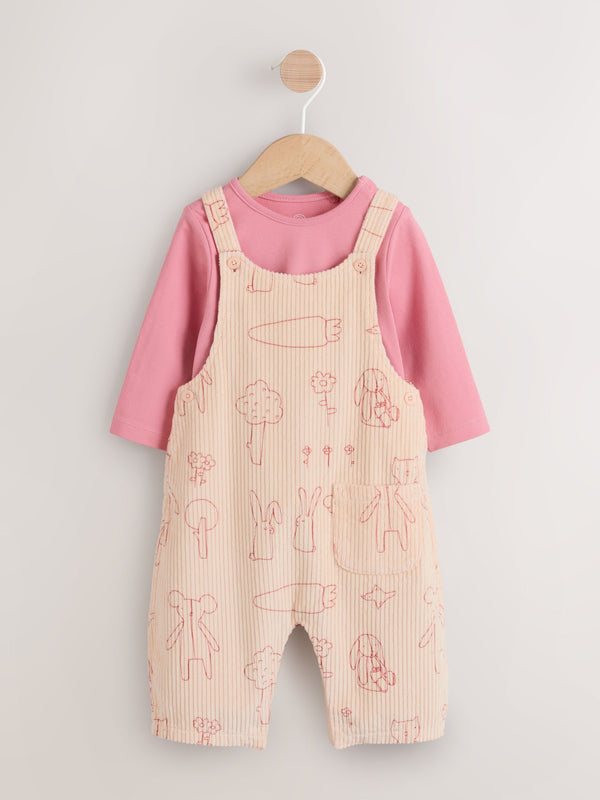 Cream / Pink Character Dungaree and Bodysuit Two Piece Baby Set (0mths-3yrs)