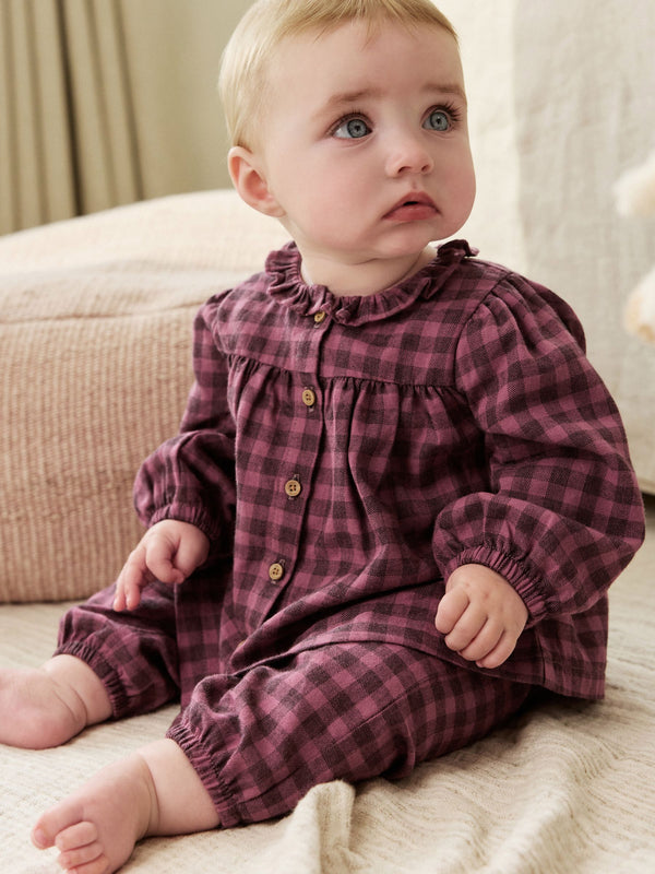 Purple Gingham Baby Woven Long Sleeve Tops and Trousers 2 Piece Set (0mths-2yrs)