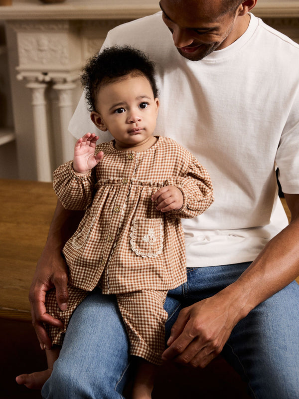 Rust Brown Gingham Baby Woven Long Sleeve Tops and Trousers 2 Piece Set (0mths-2yrs)