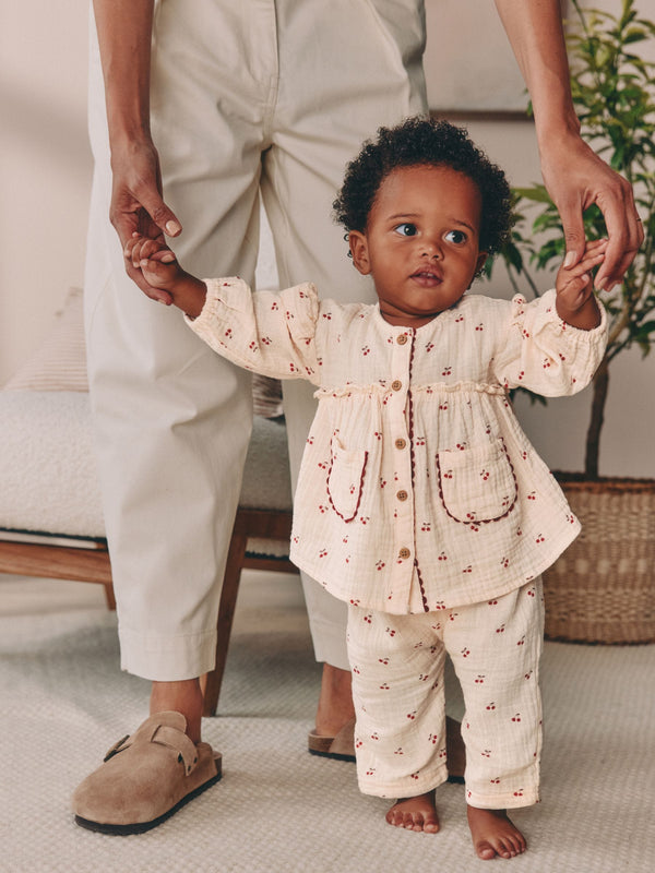 Cream/ Red Cherry Baby Woven Long Sleeve Tops and Trousers 2 Piece Set (0mths-2yrs)