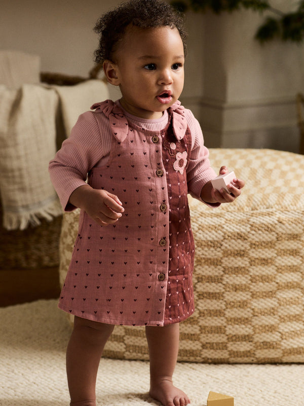 Pink / Berry Heart Baby Pinny Dress and Long Sleeve Bodysuit 2 Piece Set (0mths-2yrs)