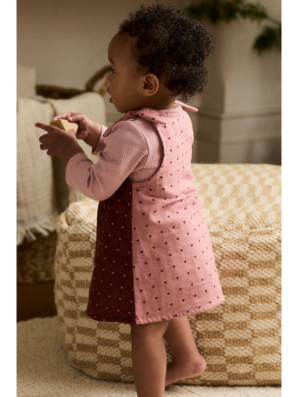 Pink / Berry Heart Baby Pinny Dress and Long Sleeve Bodysuit 2 Piece Set (0mths-2yrs)