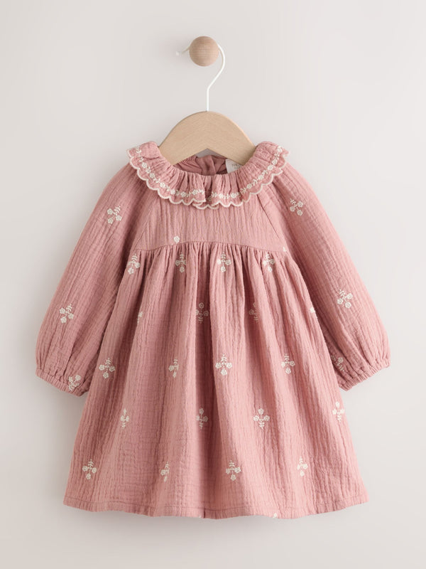 Pink Baby Embroidered Woven Long Sleeve Dress (0mths-2yrs)