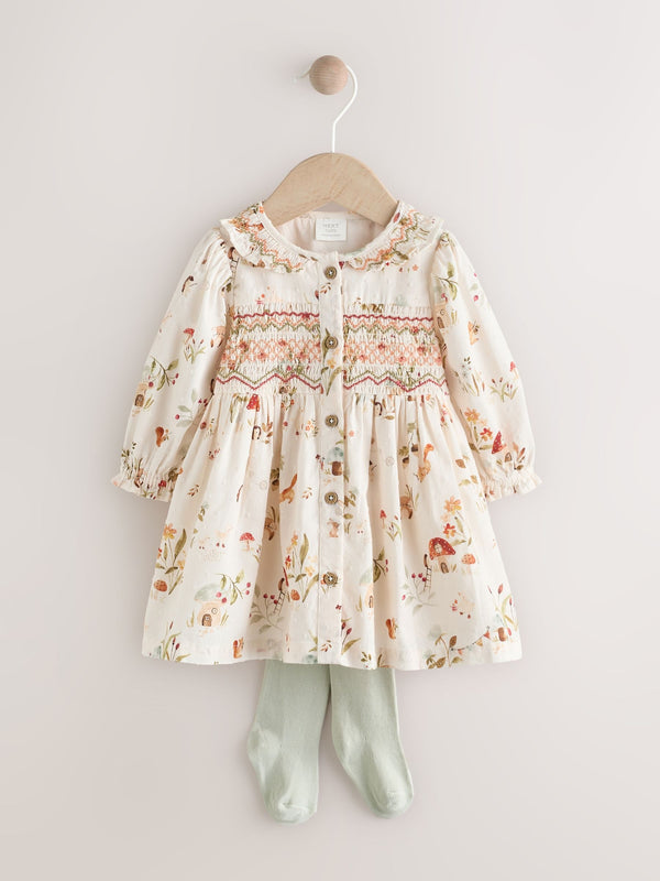 Cream Floral Print/Character Collar Baby Dress (0mths-2yrs)