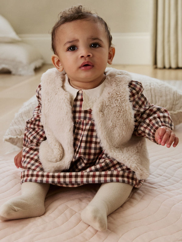 Berry/ Cream Gingham Baby Dress and Waistcoat 2 Piece Set (0mths-2yrs)