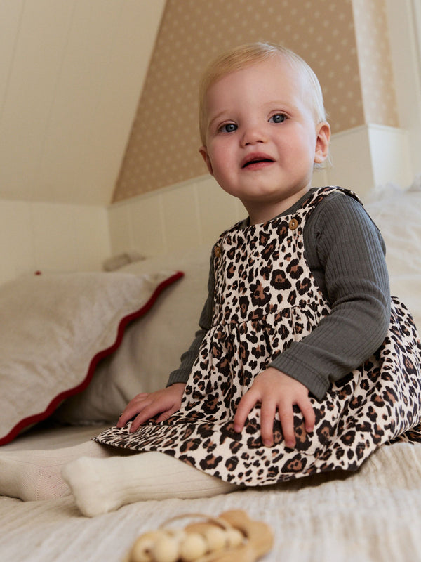 Charcoal Leopard Baby Cord Pinafore Long Sleeve Bodysuit & Tights Set (0mths-2yrs)