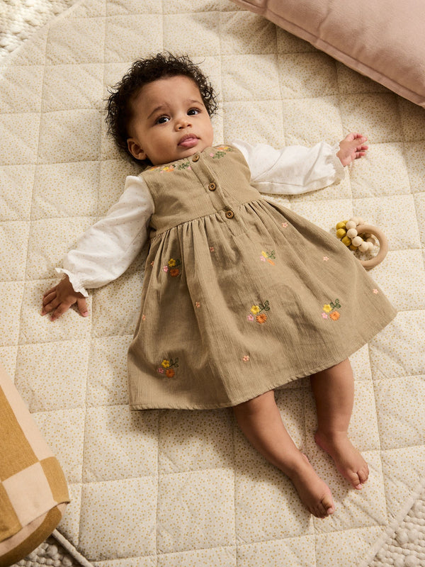 Olive Green Embroidered Baby Cord Pinafore Long Sleeve Bodysuit & Tights Set (0mths-2yrs)