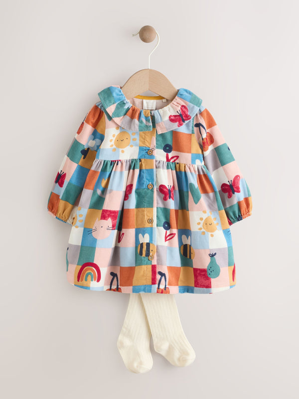 Red/Blue Character Check Baby Cord Dress with Tights 2 Piece Set (0mths-2yrs)