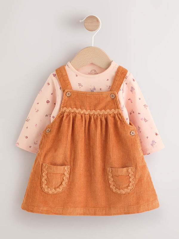 Orange Ditsy Baby Cord Pinafore Dress and Long Sleeve Bodysuit 2 Piece Set (0mths-2yrs)