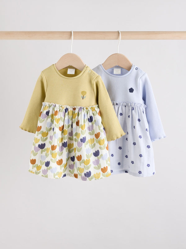 Blue/Green Flower Baby Jersey Dresses 2 Pack (0mths-2yrs)