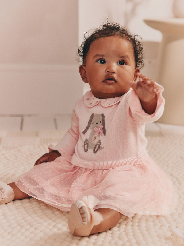 Pink Bunny Baby Knitted Twofer Dress (0mths-2yrs)
