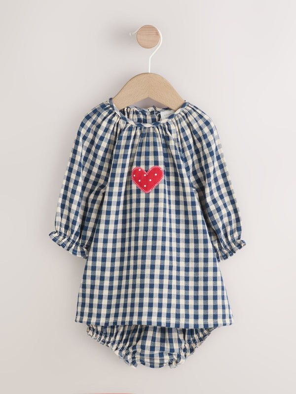 Navy Blue Gingham Heart Baby Long Sleeve 100% Cotton Dress with Knickers (0mths-2yrs)