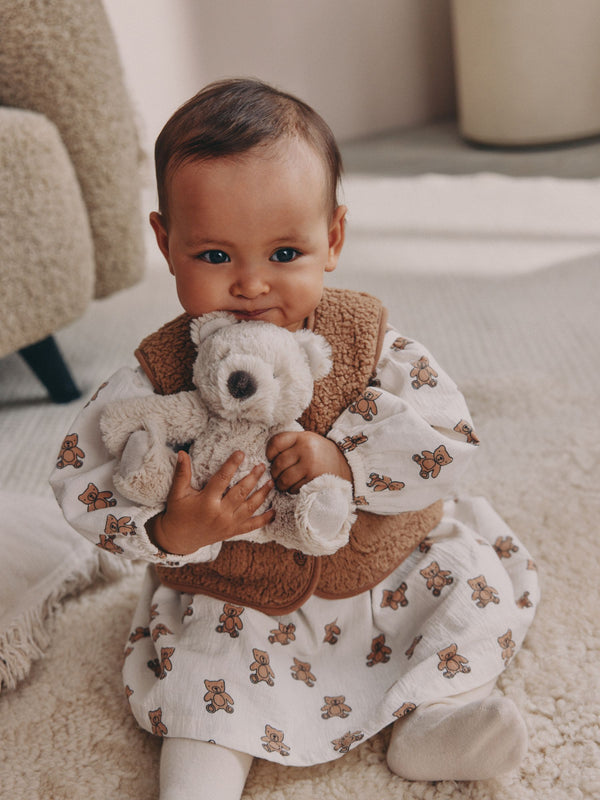 Cream/ Brown Bear Long Sleeve Baby Dress and Waistcoats with Tights 3 Piece Set (0mths-2yrs)