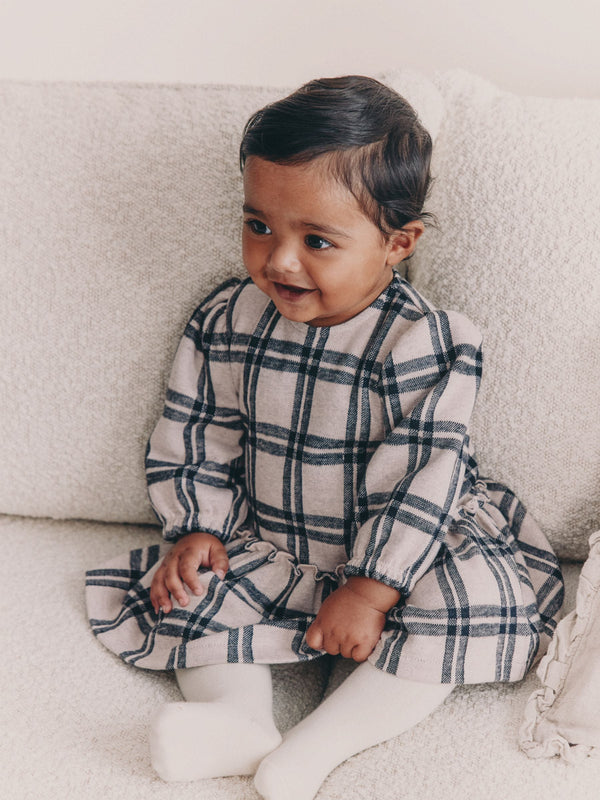 Pink Check Baby Long Sleeve Tiered Dress with Tights (0mths-2yrs)