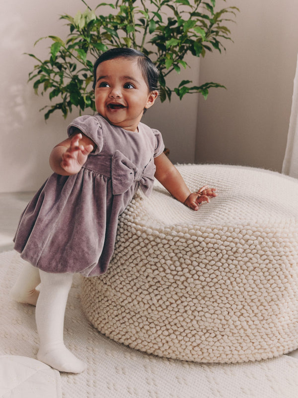 Purple Velvet Bow Bubble Hem Baby Dress and Tights 2 Piece Set (0mths-2yrs)