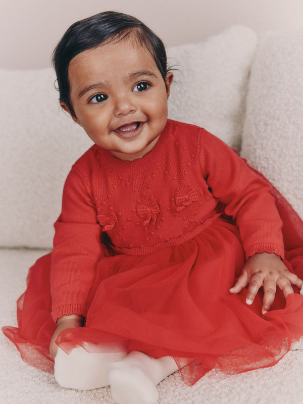Red Twofer Knitted Mesh Baby Dress and Tights 2 Piece Set (0mths-2yrs)