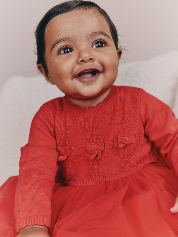 Red Twofer Knitted Mesh Baby Dress and Tights 2 Piece Set (0mths-2yrs)
