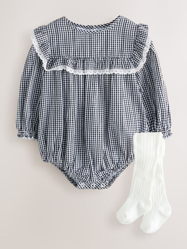 Grey/ White Gingham Check Bloomer Baby Rompers with Tights 2 Piece Set (0mths-3yrs)