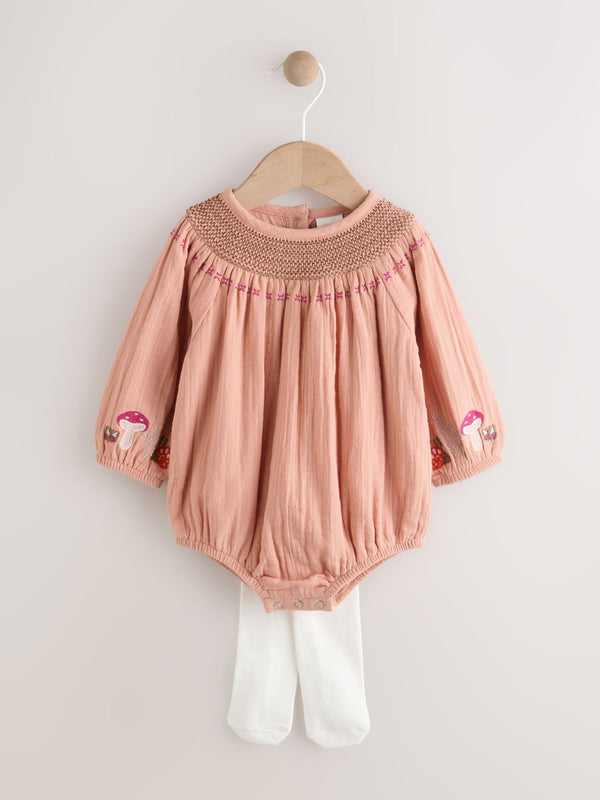 Tan Brown Embroidered Baby Bloomer Rompers with Tights Set 2 Piece (0mths-3yrs)