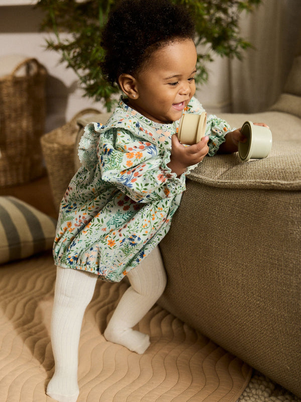 Green Floral Baby Bloomer Rompers Set 2 Piece with Tights (0mths-3yrs)