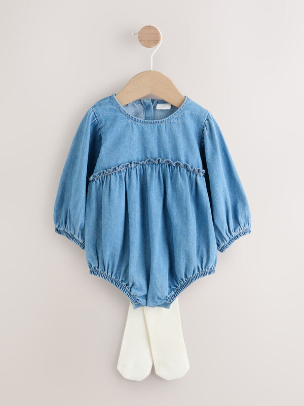 Denim Blue Bloomer Baby Rompers with Tights 2 Piece Set (0mths-3yrs)