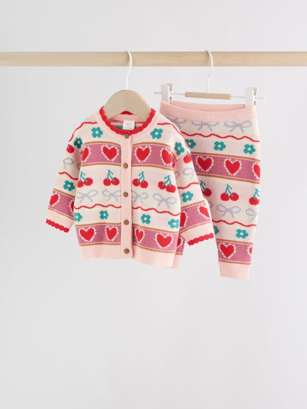 Red/ Pink Cherries Baby Knitted Cardigan and Leggings 2 Piece Set (0mths-3yrs)