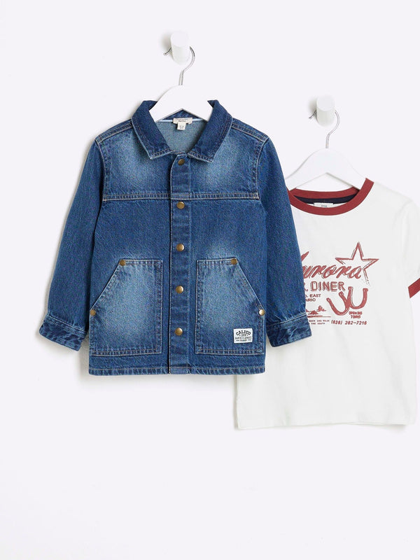 River Island Blue 100% Cotton Denim Shacket and T-Shirt Set