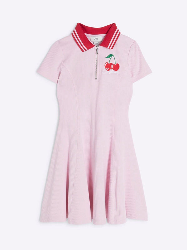 River Island Pink Girls Ribbed Cherry Zip 100% Cotton Dress