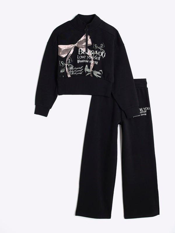 River Island Black Half Zip Bow 100% Cotton Sweat Set