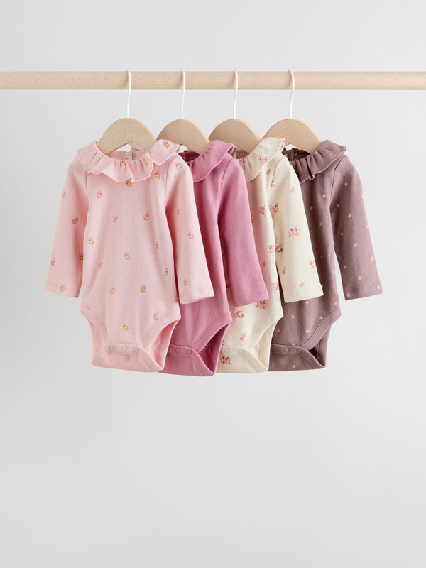 Pink/ Cream/ Brown Ditsy Baby Long Sleeve Frill Bodysuits 4 Pack (0mths-2yrs)