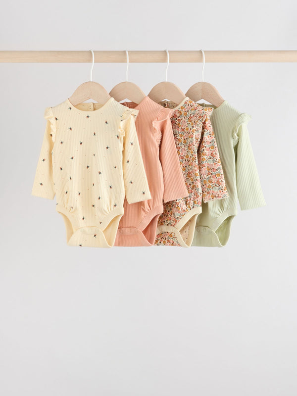 Blue/Cream/Coral Ditsy Baby Long Sleeve Frill Bodysuits 4 Pack (0mths-2yrs)