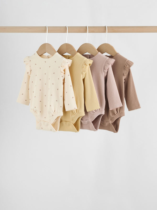 Purple/Yellow/Cream Ditsy Baby Long Sleeve Frill Bodysuits 4 Pack (0mths-2yrs)