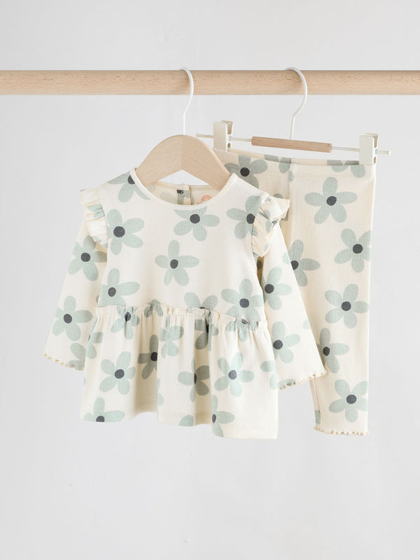 White/Blue Flower Baby Long Sleeve Frill Top And Leggings Set (0mths-2yrs)
