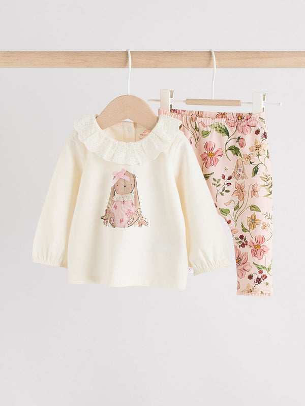 White/Pink/Bunny/Floral Baby Long Sleeve Top and Leggings Set