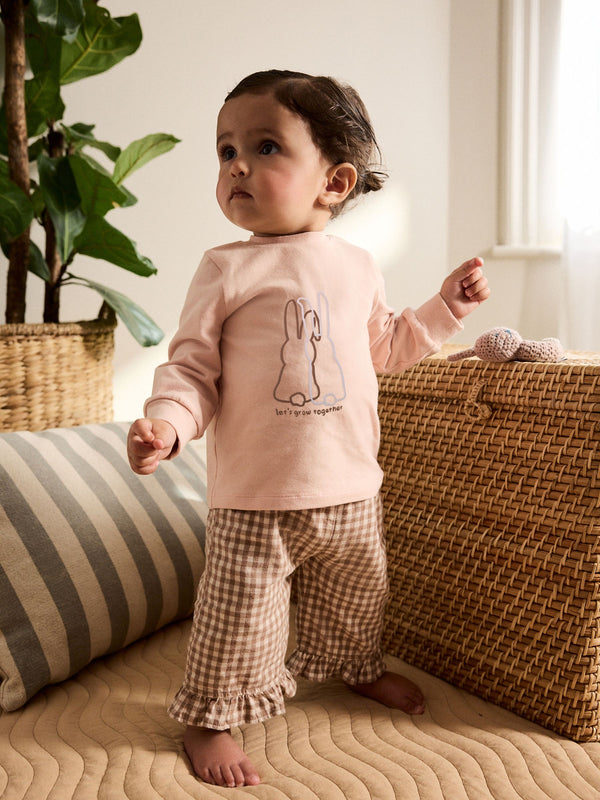 Pink/ Neutral Gingham Baby Long Sleeve Peplum Top and Trousers Set 2 Piece (0mths-2yrs)